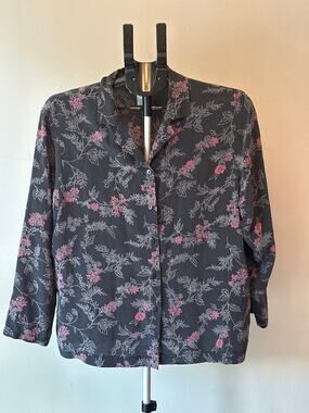 Pendleton Silk Blouse Women 14 Black Grey Floral Vintage 90s Boho